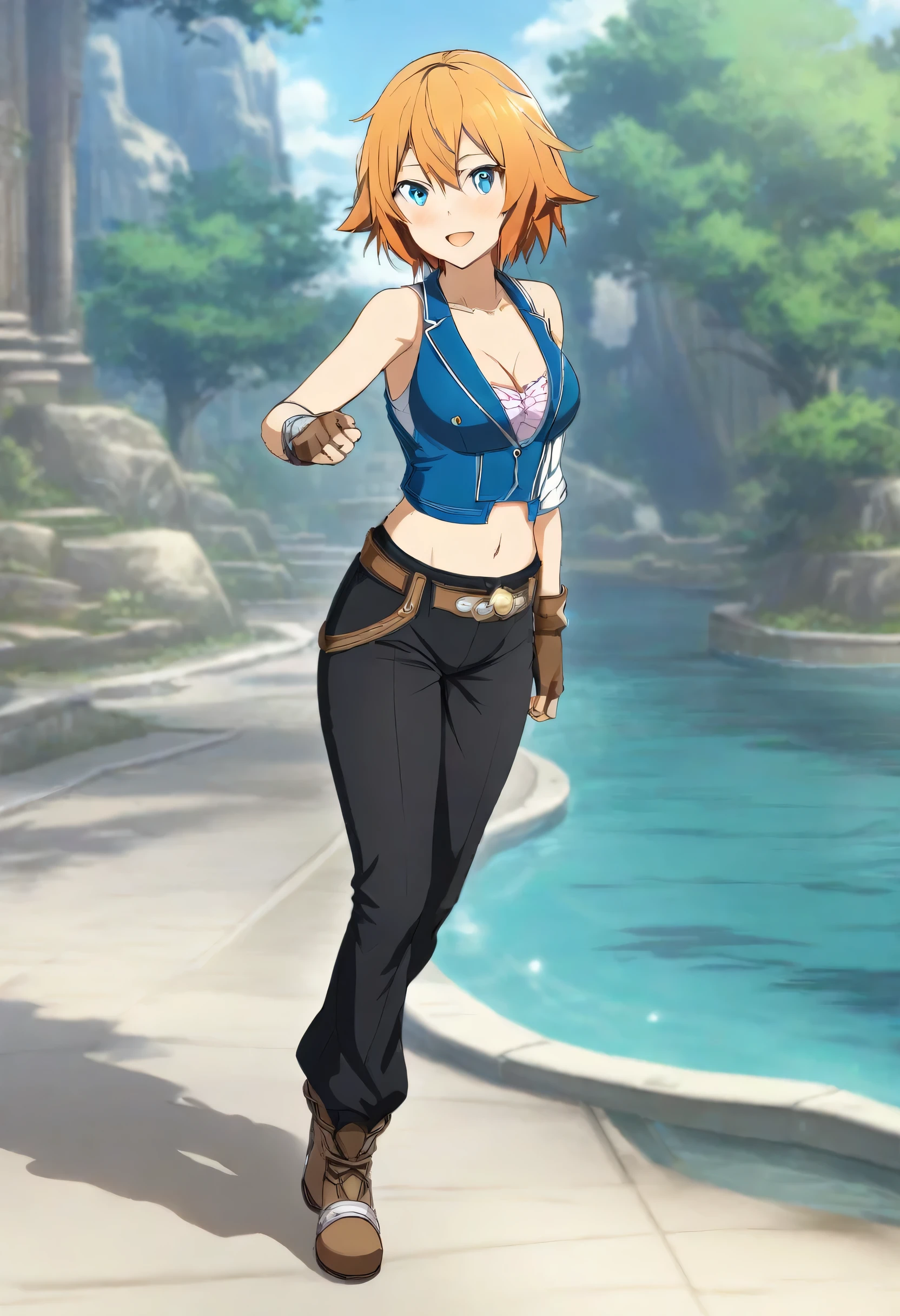 (masterpiece),(best quality),(ultra-detailed),(best illustration),(best shadow),(absurdres),(detailed background),(very aesthetic), philia(sao), 1girl, blue eyes, solo, breasts, short hair, gloves, open mouth, cleavage, smile, fingerless gloves, long black pants, bell buttom pants, white vest, open vest, black short shirt, blush, medium breasts, orange hair, close up, full body,