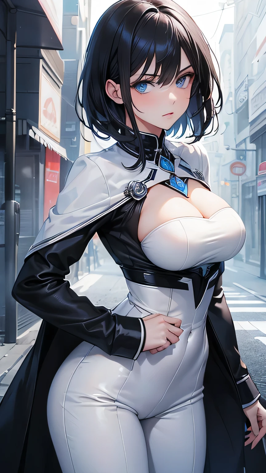 (Highest quality)), Ultra-high resolution,Adult women, alone, sexy, (Serious expression), (Blue eyes), Beautiful and symmetrical face, (Black cut medium hair),White shirt,Black suit pants,Realistic:1.4,Realistic:1.4,Night Alley,(masterpiece:1.2),Perfect Eyes,Perfect Eyes,Ample breasts