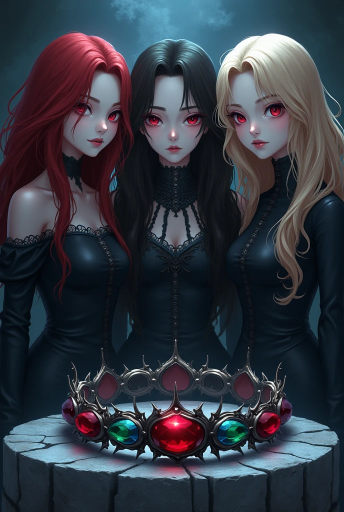 Create art that resembles anime, of three women together, who are necromancer princesses with an evil, beautiful and dark appearance, one being a redhead, another brunette and one blonde. In the image, place a crown of thorns that has 3 jewels ( vermelha, green and blue). the crown of thorns is on a stone