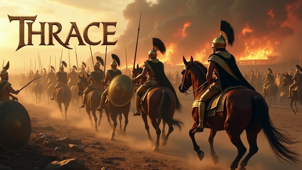 ( photographie ; ultra-réaliste ; ultra-détailé ) Armée de thrace dans la grèce antique portant des armures dorées reflétant la lumière, des tissus noirs, munie de leurs lances d'argents et leurs bouclier dorés, ils chargent vers les ennemies à pied ou à cheval, sur un champ de bataille apocalyptique dévasté, jonché de cadavres. En arrière plan on aperçoit la ville de Troies en feu. Il est écrit "Thrace" dans le ciel en lettre gothique