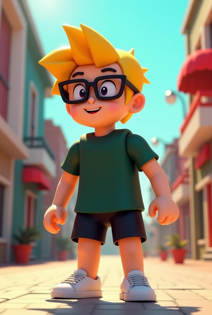 Roblox yellow hair glasses black shorts white shoes and dark green shirt