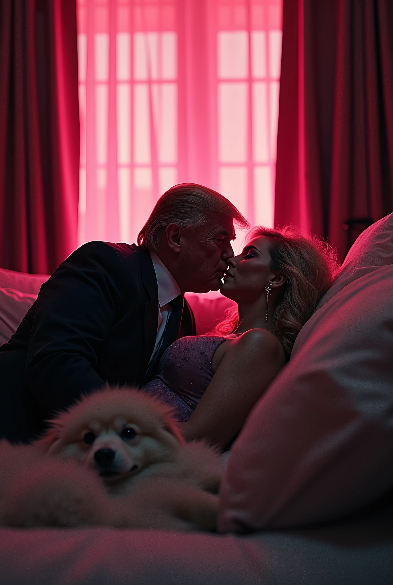 Donald trump photo fucking in a ved in hotel with neon on window with a samoyedo and Pedro Sanchez president, high quality