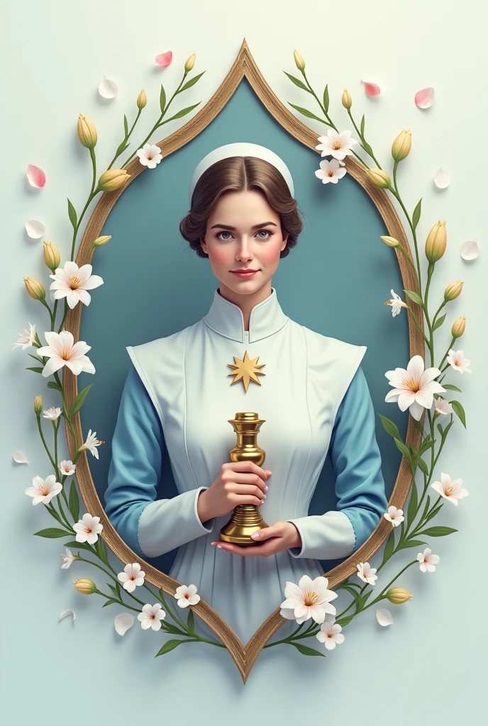 Three-pointed badge of Saint Florence Nightingale and below oval and gold edges and a photo of her in the center and her name at the bottom and a Lamp in her hands Represents the light ,Flowers and petals around it like a garden We could include lilies or other plants 4. **Star or cross on your chest To symbolize medical care and commitment to health. 5. **colors**: Soft tones like light blue (representing calm and confidence) and the white (which symbolizes purity and attention).