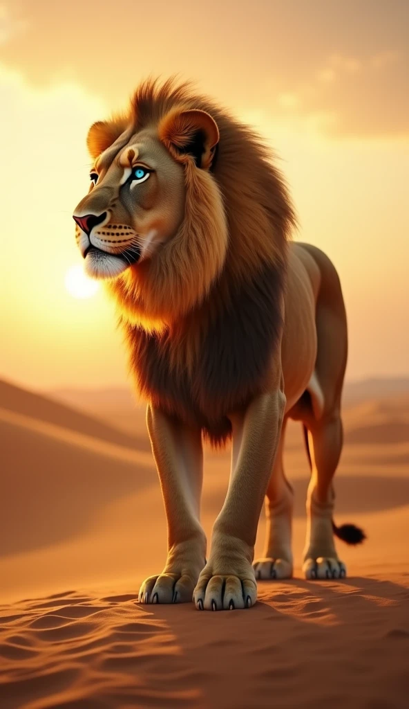 Generate a super realistic 8k 6d image of a very strong and beautiful lion with blue eyes in the desert looking at the sun