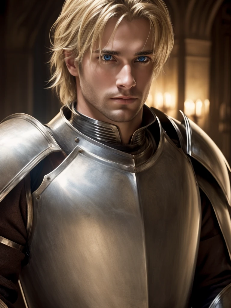 (highly detailed, detailed eyes, soft light, photorealistic, realistic light; cinematic) gorgeous 28-year-old male medieval knight with blond hair wearing full-plate armor looking over his shoulder with longing, looking at camera, expression of vulnerable longing.