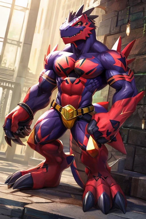 One man, a cartoon alien with an unusually developed muscular body, protruding blood vessels, claws and a red and purple body, hercules beetle, cel shade, Guyver style,