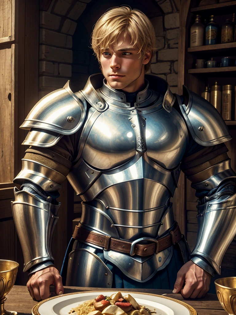 (highly detailed, detailed eyes, soft light, photorealistic, realistic light; cinematic) gorgeous 28-year-old male medieval knight with blond hair wearing full-plate armor looking over his shoulder with longing, looking at camera, expression of vulnerable longing.