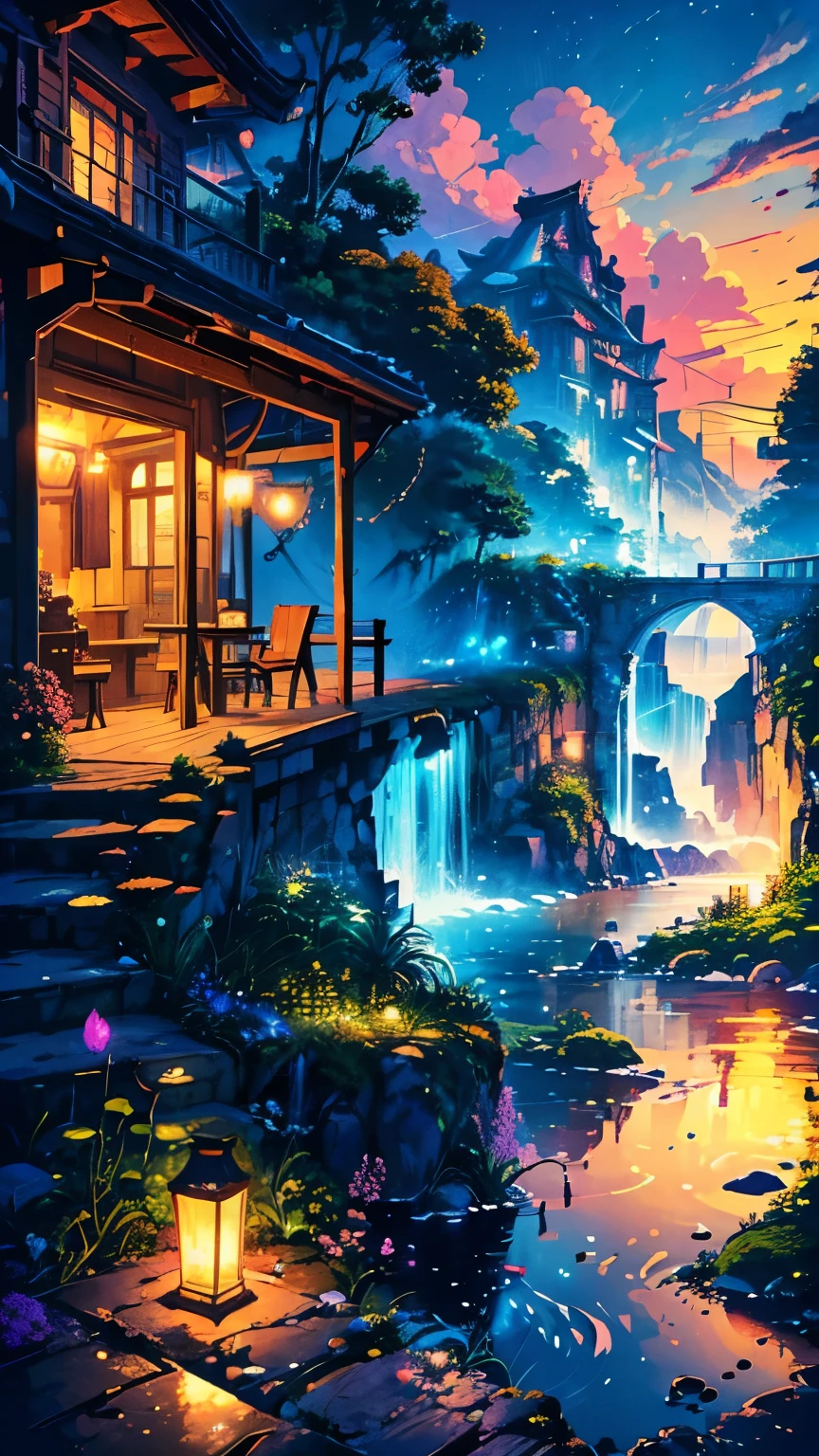 A breathtaking ultra-high-definition 4K digital painting of a serene dock bathed in ethereal neon moonlight, adorned with vibrant Bougainvillea cascading over rustic wooden railings. The moon, glowing with a soft, luminescent light, casts intricate reflections across the gently rippling ocean surface. Wisps of clouds drift lazily across the sky, adding depth and mystique to the scene. The artwork is rich with vivid, picturesque colors that create a striking contrast between the dark, tranquil waters and the neon-lit sky. Every detail is meticulously rendered, from the delicate petals of the Bougainvillea to the subtle textures of the dock. The entire piece exudes an otherworldly beauty, capturing the peaceful yet magical atmosphere of a moonlit night by the ocean, blending elements of nature with a touch of neon surrealism, making it an exquisite masterpiece of digital artistry