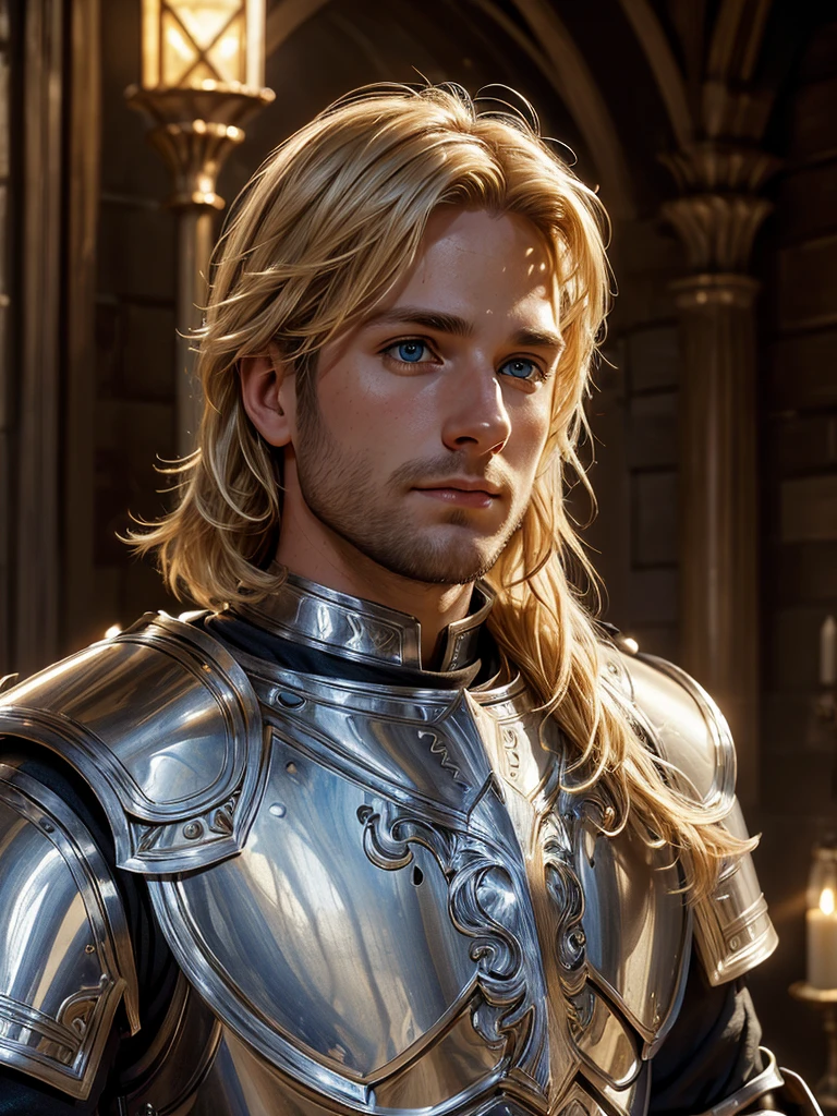 (highly detailed, detailed eyes, soft light, photorealistic, realistic light; cinematic) gorgeous 28-year-old male medieval knight with blond hair wearing full-plate armor looking over his shoulder with longing, looking at camera, expression of vulnerable longing.