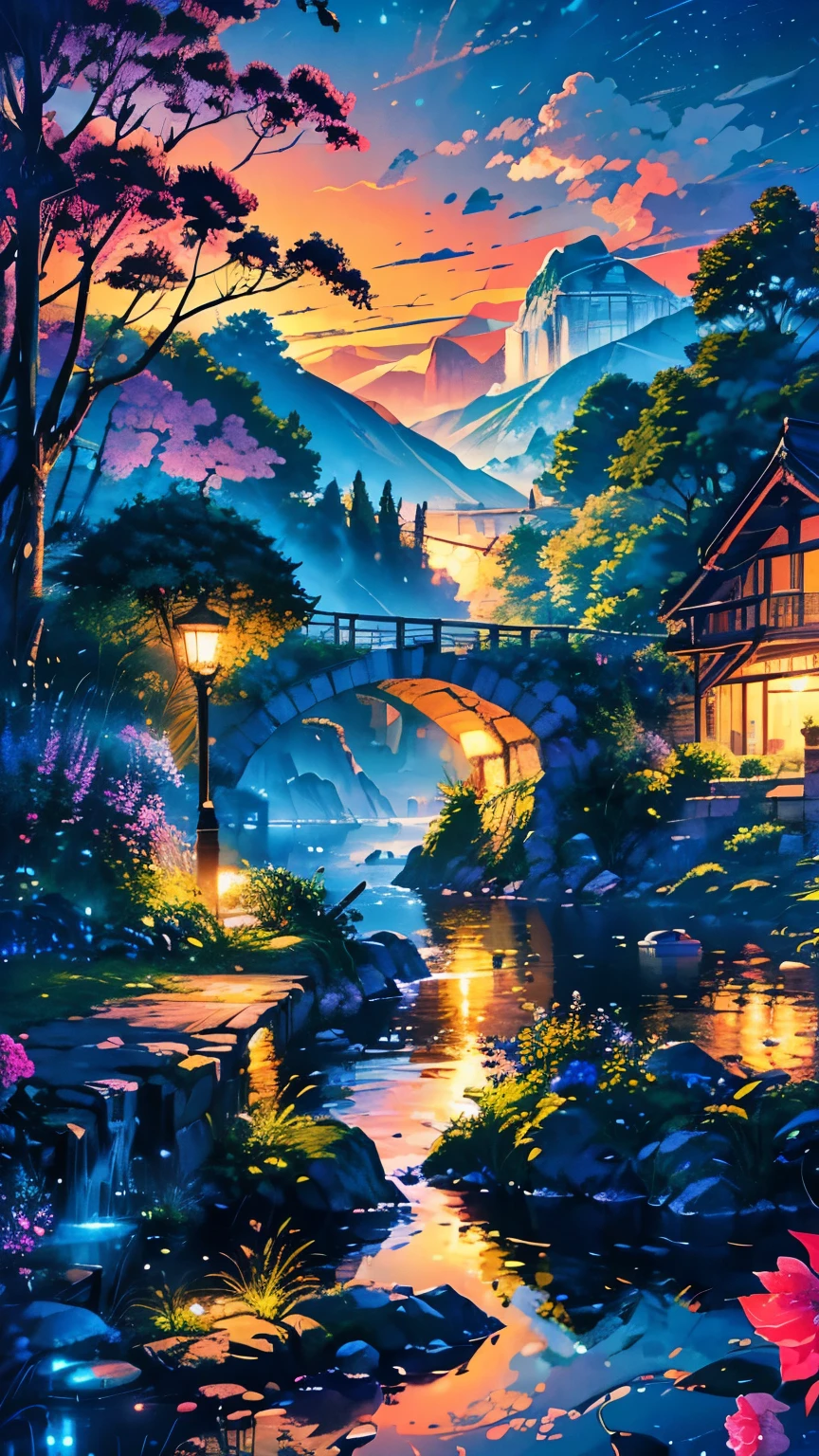 A breathtaking ultra-high-definition 4K digital painting of a serene dock bathed in ethereal neon moonlight, adorned with vibrant Bougainvillea cascading over rustic wooden railings. The moon, glowing with a soft, luminescent light, casts intricate reflections across the gently rippling ocean surface. Wisps of clouds drift lazily across the sky, adding depth and mystique to the scene. The artwork is rich with vivid, picturesque colors that create a striking contrast between the dark, tranquil waters and the neon-lit sky. Every detail is meticulously rendered, from the delicate petals of the Bougainvillea to the subtle textures of the dock. The entire piece exudes an otherworldly beauty, capturing the peaceful yet magical atmosphere of a moonlit night by the ocean, blending elements of nature with a touch of neon surrealism, making it an exquisite masterpiece of digital artistry