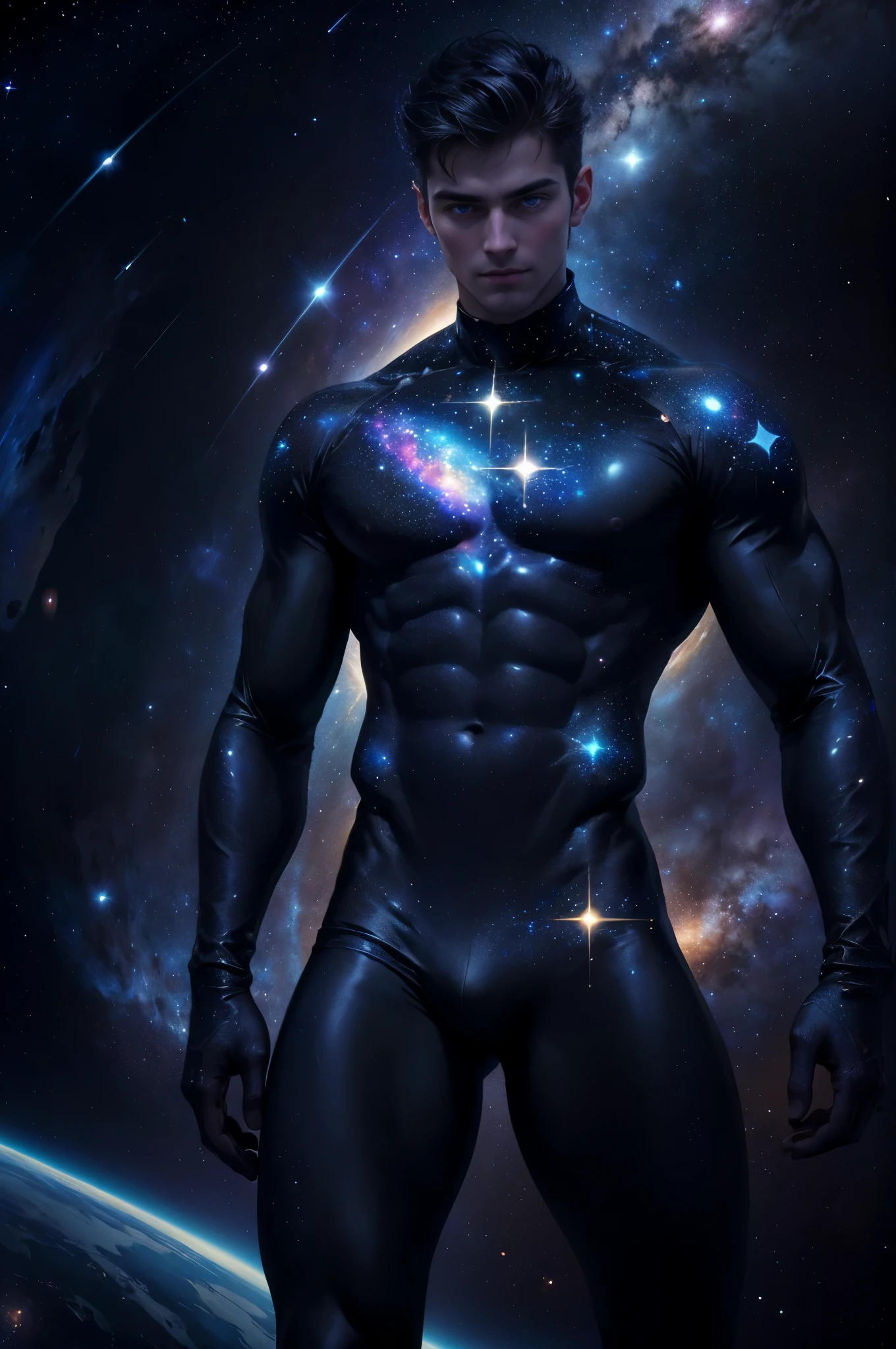 (masterpiece, high resolution, detailed:1.3), a mesmerizing depiction of a (strikingly handsome young man:1.2) (wearing sleek and form-fitting black bodysuit matching the stars surrounding him), (((clothing patterned with cosmic star field))), standing against the backdrop of the vast and mysterious cosmos. His (toned physique:1.2) is bathed in the soft glow of distant stars, reflected in his clothing creating an otherworldly aura. As he gazes out into the depths of space, his (intense blue eyes:1.2) reflect the wonder and curiosity of his cosmic journey. (subtle gleam:1.2) on his skin is meticulously captured, lending an air of realism to the scene. The celestial expanse behind him is a tapestry of (nebulous formations:1.2), (dazzling galaxies:1.2), and (shooting stars:1.2), a breathtaking testament to the beauty of the universe. This adark celestialskin body
rtwork melds the allure of a beautiful man with the awe-inspiring vastness of space, evoking a sense of both intimacy and grandeur.