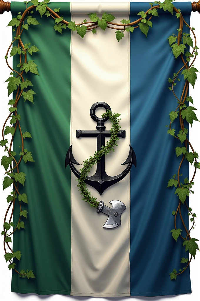 a rectangular flag of a fictional country, in green colors, white and blue, with a drawing of an anchor, a drawing of an axe and plant vines in the upper left part of the flag, swaying in the wind