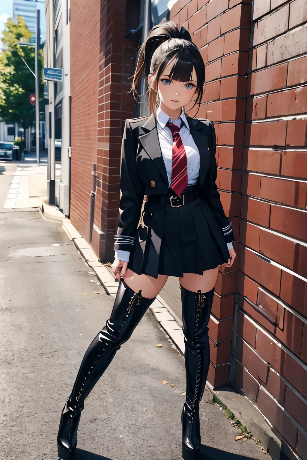 thigh high boots, platform boots, girl, high heels, lace up boots, ponytail, school girl, school uniform