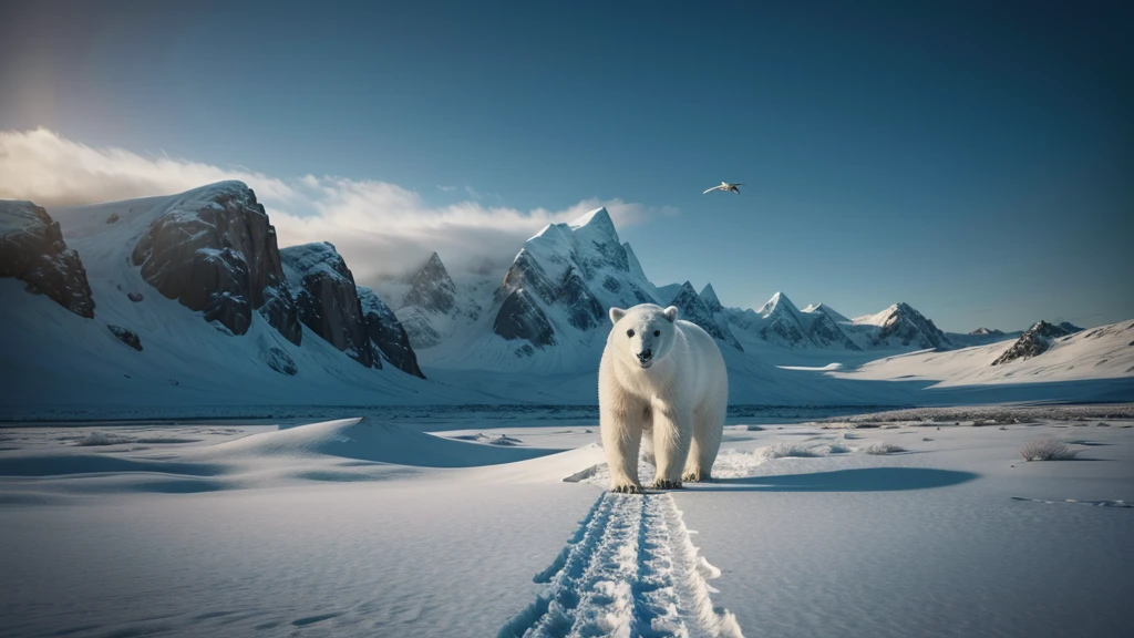 (a polar bear walking in a frozen environment, transitioning to a hot desert with an eagle flying,ultra-detailed,8k,masterpiece:1.2),(realistic,photorealistic,photo-realistic:1.37),highly detailed scene,intricate textures,dramatic lighting,vibrant colors,cinematic composition,stunning landscapes,majestic wildlife,natural environment,dynamic motion,sense of scale,atmospheric haze,depth of field,cinematic framing,epic scale,striking contrast,environmental storytelling,awe-inspiring