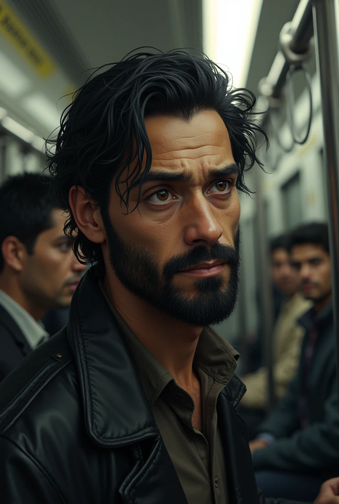 Juan is a tall, thin man., with dark and disheveled hair. His brown eyes are surrounded by dark circles, which reveals his tiredness and hopelessness. He has a few days&#39; worth of beard on the subway