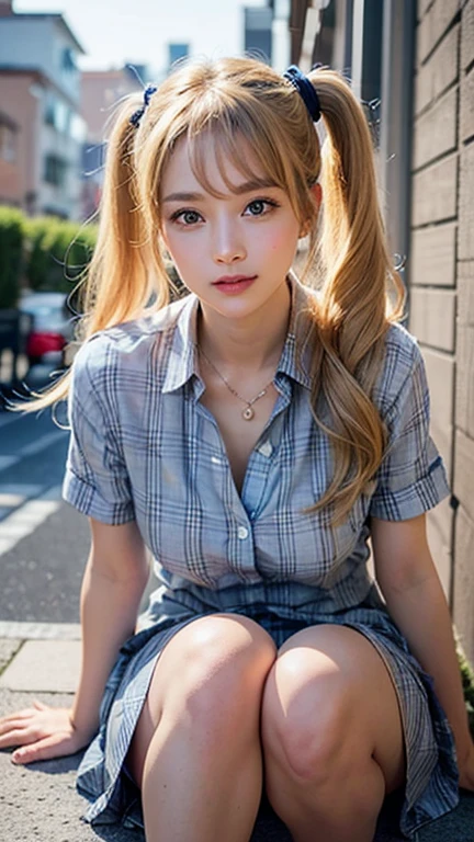 (masterpiece:1.3, Highest quality, Ultra-high resolution, Very detailed), (Realistic:1.1, photoRealistic:1.4), Beautiful illustrations, Perfect lighting, colorful, Written boundary depth, Beautiful detailsまでこだわった髪, Beautifully detailed face, Beautiful details, Beautiful clavicle, Beautiful body, Beautiful breasts, Beautiful thighs, Beautiful legs, Beautiful fingers, View your audience, 1 girl, Japanese, high school girl, Perfect Face, (Perfect Anatomy, Anatomically correct), Cute and symmetrical face, , Sunburn, Glowing Skin, (Mid-length hair:1.5, Twin tails:1.2, blonde), Asymmetrical bangs, blue eyes, Long eyelashes, (Mid-chest), thin, ((Collared short-sleeved shirt, Light blue shirt, , Grey plaid pleated skirt, To the Navy)), No pants, (Beautiful views), evening, (Outdoor, distant cityscape), Are standing, (peace sign), (Cute Smile, 鬠红、Upward glance, Open your mouth), (open'Cat:1.3), hour々squat:1.2,Put your finger in your pussy:1.9,((A large amount of pee is sprayed from the vagina)),((Very few, Young face and breasts)),(Cleavage:1),(Very small and flat chest:1.4),
