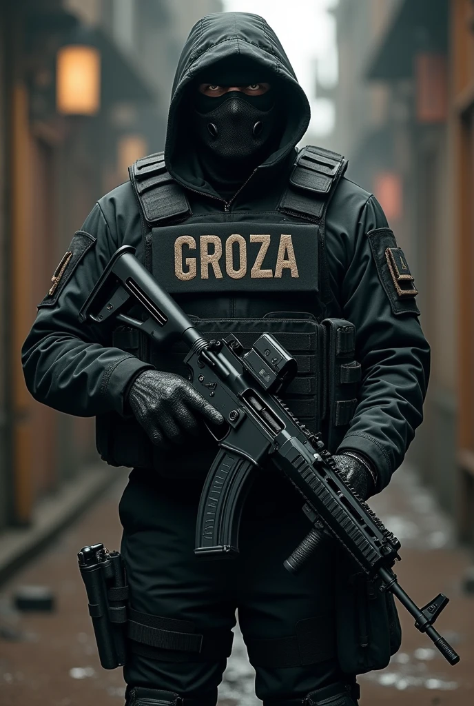 ((best quality)), ((masterpiece)), (detailed), elitarny żołnierz grozy z kevlarową maską na tważy trzymający czarny akm mający w kaburze udowej pistolet glock 19 kamizelka dużej wielkości zakrywająca cały korpus w czarnym umundurowaniu na kamizelce jest napis GROZA