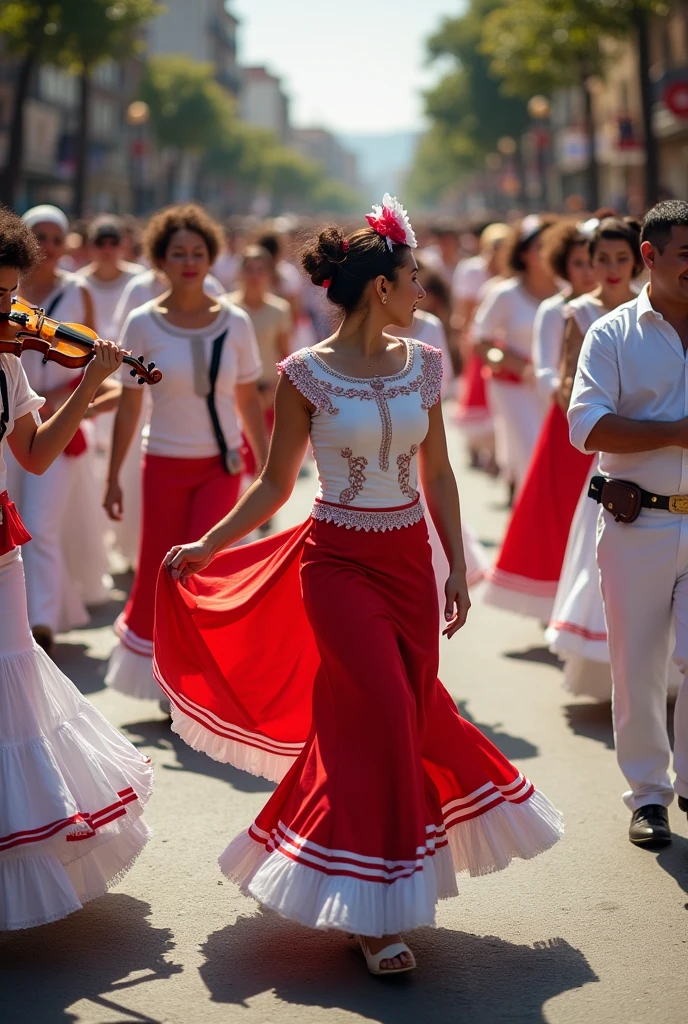 A street dance made up of seven different types of dances, like xote bragantino, zabumba, boom, worth, catfish, chorado and mazurka. Women, sailor calls, take to the streets dressed in white and red to honor a saint, while men, sailors calls, wear white pants and shirt. Men also play musical instruments such as drums and violins., while the women coordinate the dance.