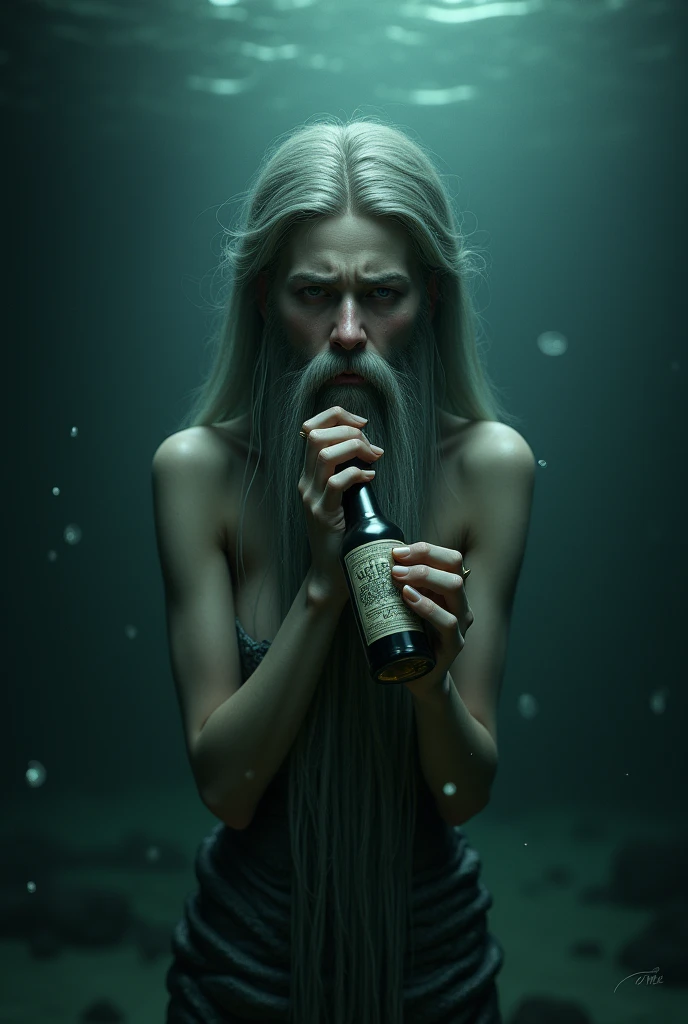 A bearded mermaid sucking a bottle with a crying face