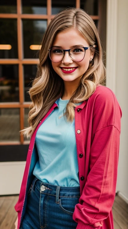 Jenna Boyd wearing sexy nerd girl clothes with lipstick and smiling