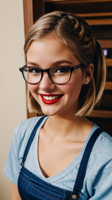 Jenna Boyd wearing sexy nerd girl clothes with lipstick and smiling