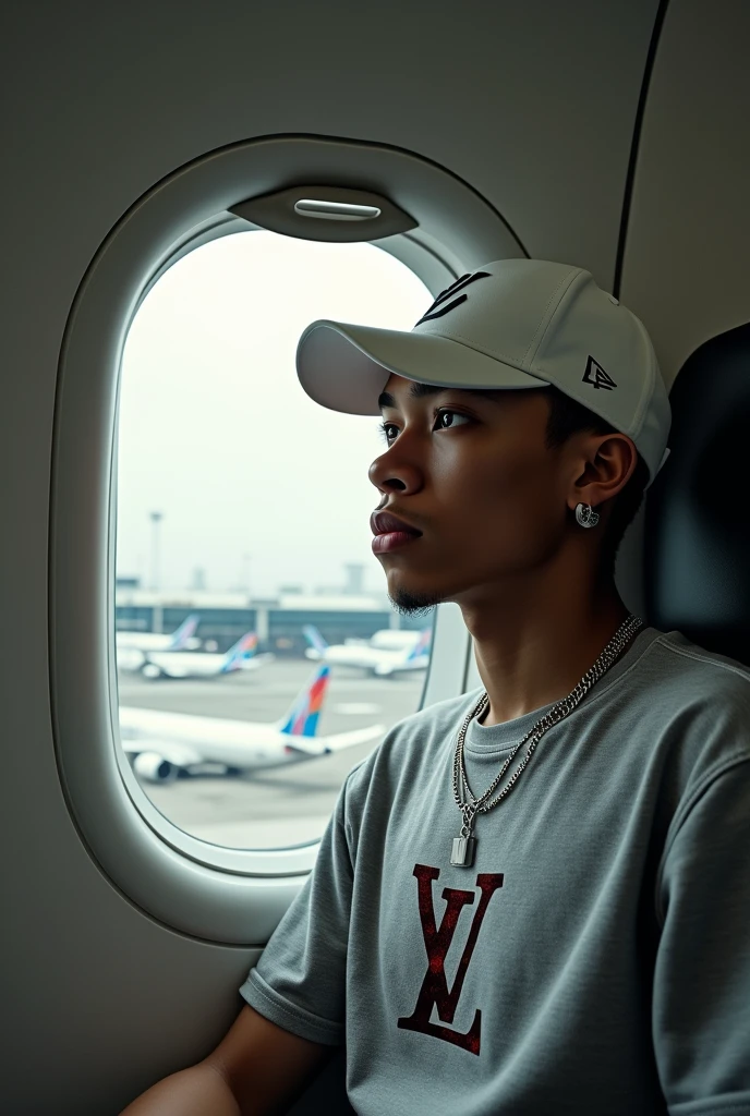 Create a realistic selfie of a young man looking out the window, with white cap, small silver chain, Louis Vuitton grey shirt, the brand with melted effect. The background is a window of an airplane that is at an airport.. The young man is looking away from the camera.