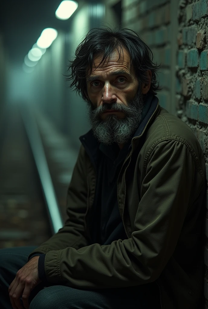 Juan is a tall, thin man., with dark and disheveled hair. His brown eyes are surrounded by dark circles, which reveals his tiredness and hopelessness. He has a beard of several days on the subway tracks