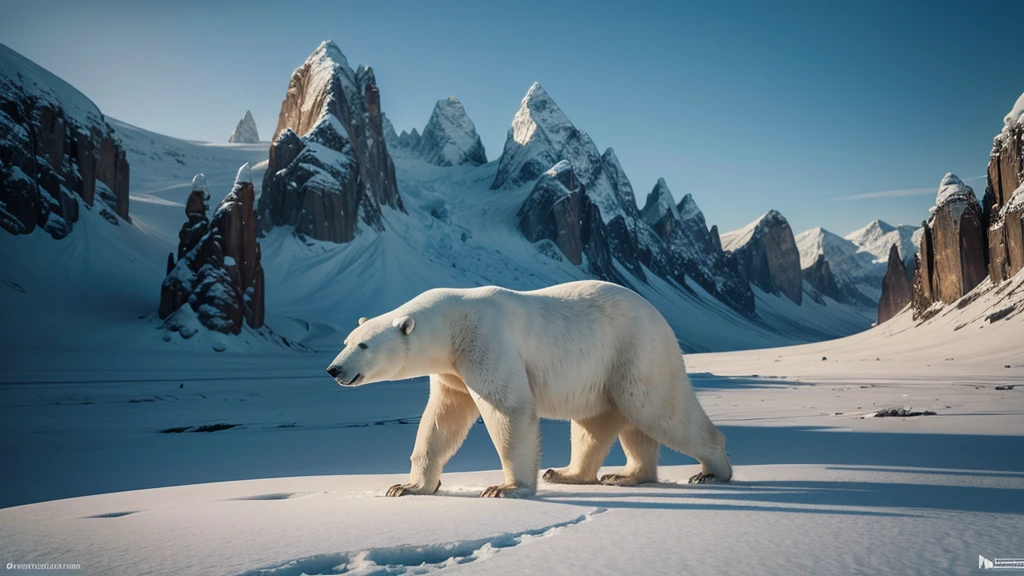 (a polar bear walking in a frozen environment, transitioning to a hot desert with an eagle flying,ultra-detailed,8k,masterpiece:1.2),(realistic,photorealistic,photo-realistic:1.37),highly detailed scene,intricate textures,dramatic lighting,vibrant colors,cinematic composition,stunning landscapes,majestic wildlife,natural environment,dynamic motion,sense of scale,atmospheric haze,depth of field,cinematic framing,epic scale,striking contrast,environmental storytelling,awe-inspiring