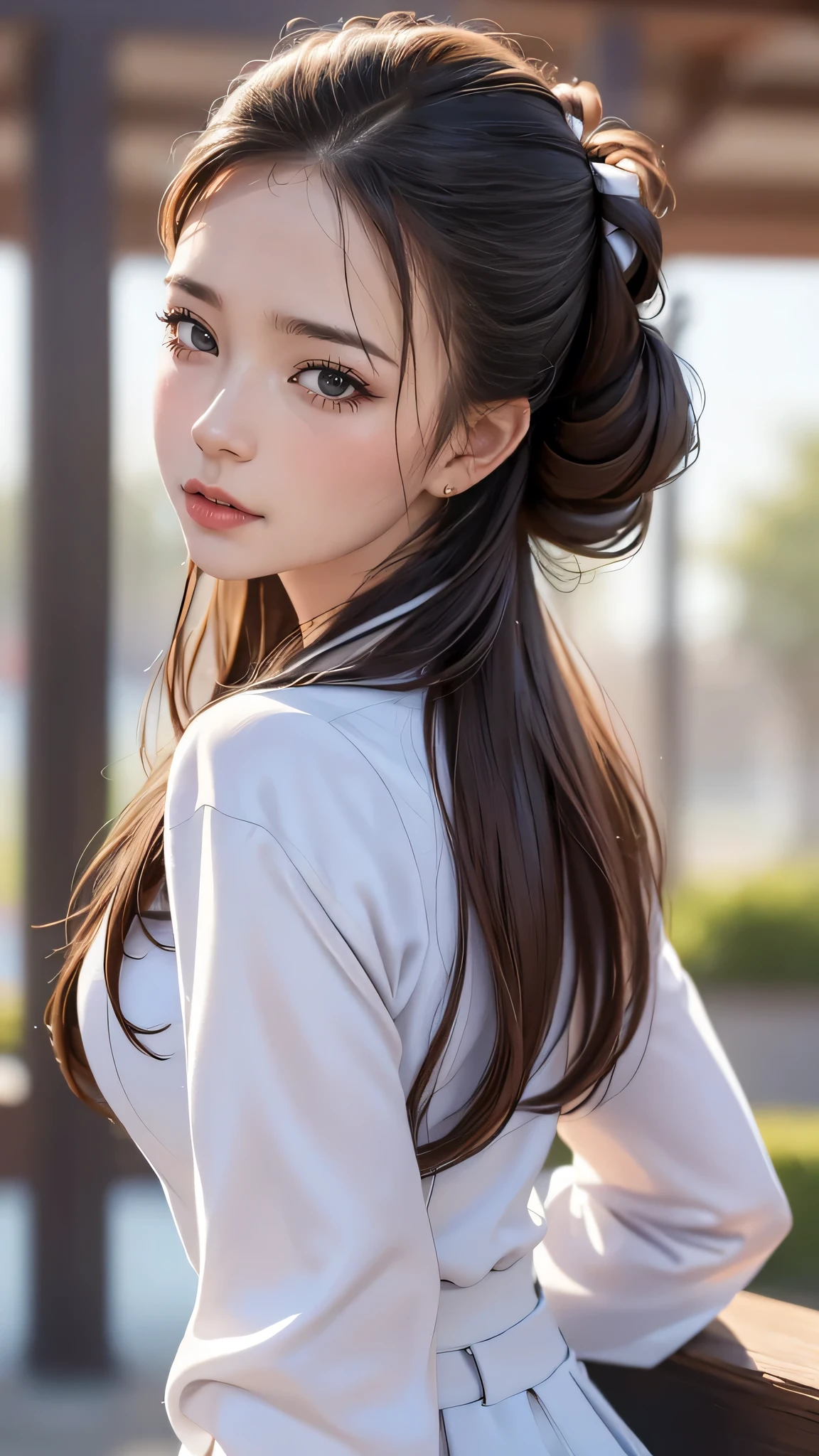 high school girl,(leaning forward:1.2),(random hairstyle),(Highest image quality,(8K), Ultra-realistic, Best Quality, High quality, High Definition, high quality texture, high detailing, Beautiful detailed, fine detailed, extremely details CG, Detailed texture, realistic representation of face, masterpiece, presence)