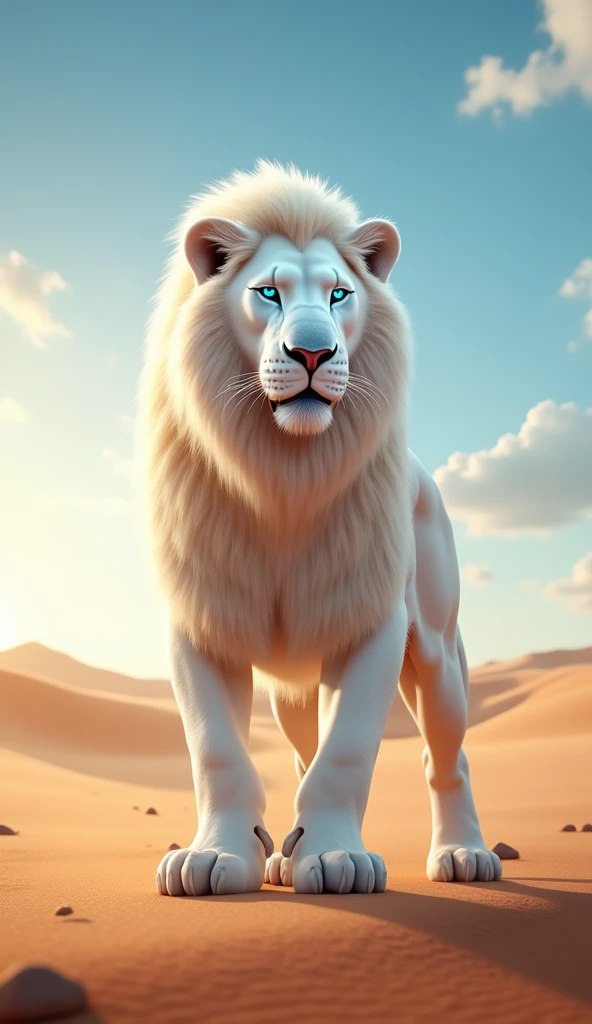 Generate a super realistic 8k 6d image of a very strong and beautiful white lion with blue eyes in the desert looking at the sun