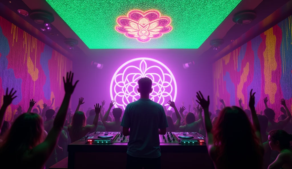 A picture of a scene including a DJ in a very small bar with a purple lighting ambiance. A very large luminous flower of life in the center. Psychedelic pink and neon green string art on the walls. A fluorescent green lycra fabric with holes on the ceiling. a dancing audience, who jumps and raises his arms. a natural white light