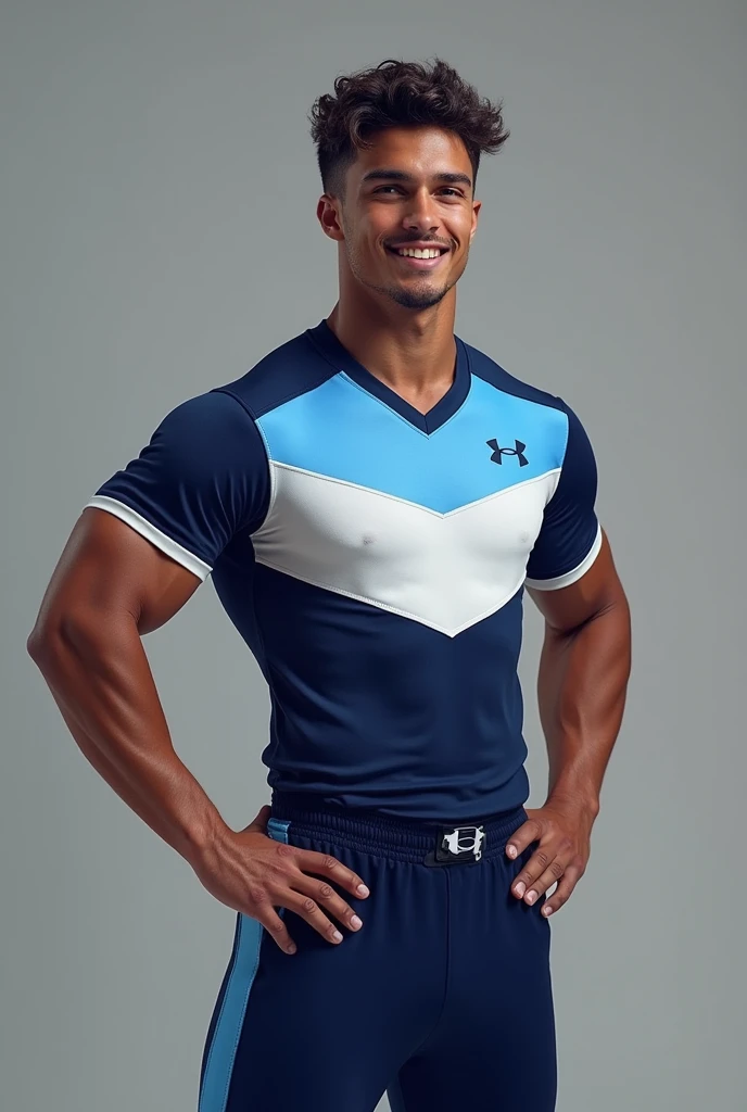 male cheerleading uniform colors: Navy blue, light blue and white shirt: short sleeve, hombros Navy blue
pecho blanco y azul claro
pantalón: semi holgado Navy blue