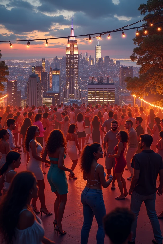 Many people Dancing, full Dancefloor, rooftop bar, new york Background, cosy party athmosphere
