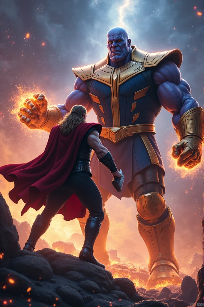 Thor vs Thanos in action scene 2560x1440 size photo