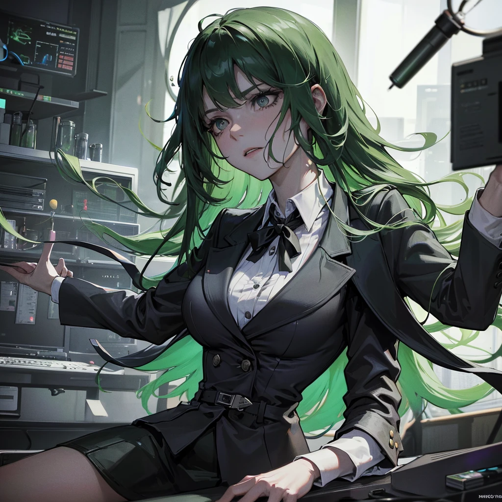 high quality, cinematic, dramatic lighting, hyper realistic, cinematic composition, moody, dark, somber, atmospheric, emotive, green-haired woman in a laboratory, long green hair, dark green hair, black eyes, sad expression, lab coat, blazer, skirt, scientific equipment, test tubes, beakers, computers, desaturated colors, moody lighting, dramatic shadows, photorealistic