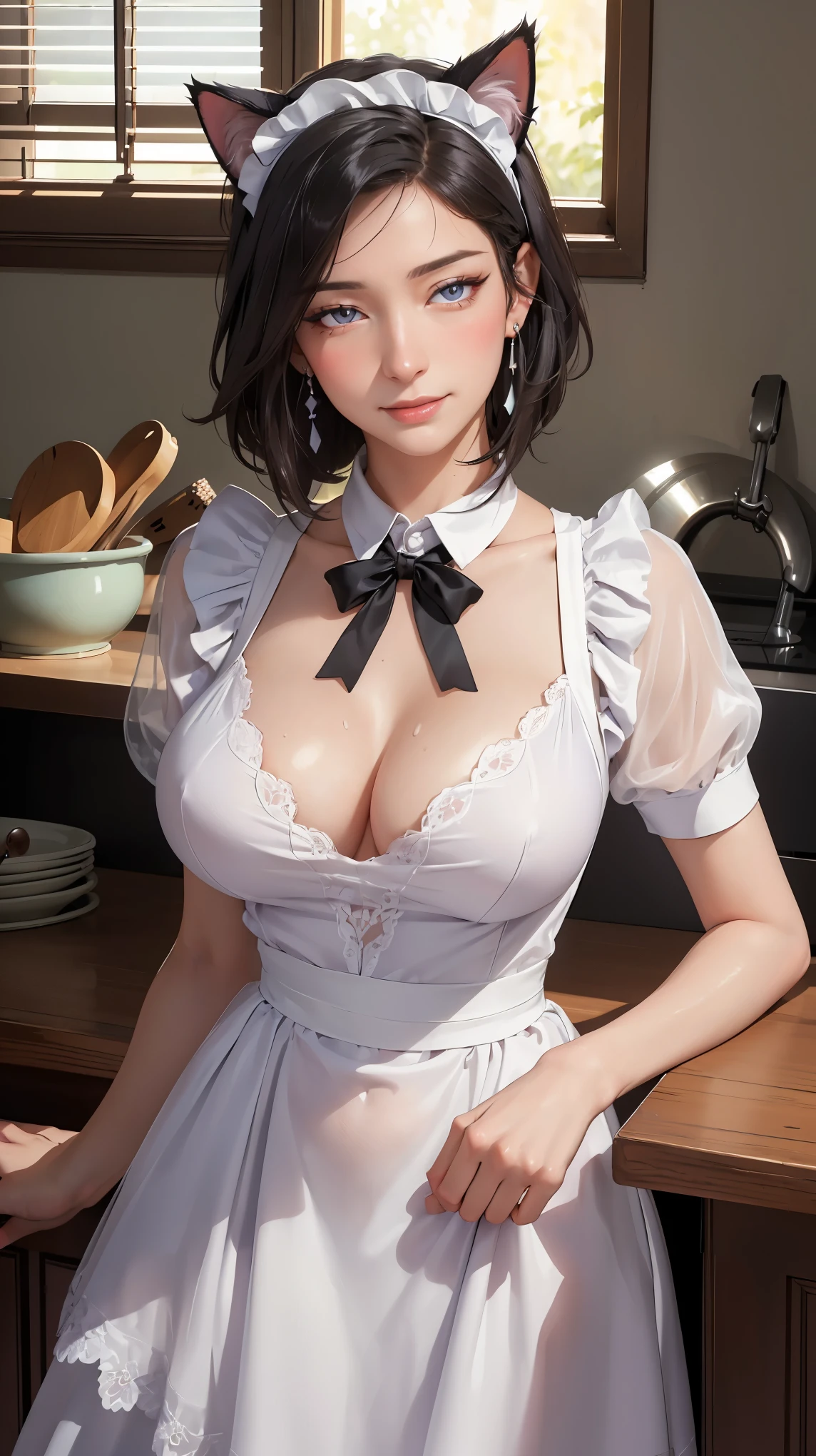 ((((masterpiece, best quality, high resolution)))), Extremely detailed 8K, Beautiful girl with voluptuous body, (Ultra HD, Ultra-detailed, Highly detailed, Highly realistic, Ultra-realistic, photograph realistic), (1girl:1.5), (Realistic black hair), (long silky hair, hair ornaments, earrings), (dynamic poses), facing at camera, looking at viewer, (blushing red, embarrassed, exhausted, smile), (violet eyes, sharp eyes), (big perky breasts:1.2), (wide hips:1.2), (beautiful detailed face, beautiful detailed eyes), ((cute maid dress, cat ears headband)), (detail pussy), (leaning against counter), sweat, glow, (sunbeam, sunlight), ((cowboy shot)), kitchen, seductive