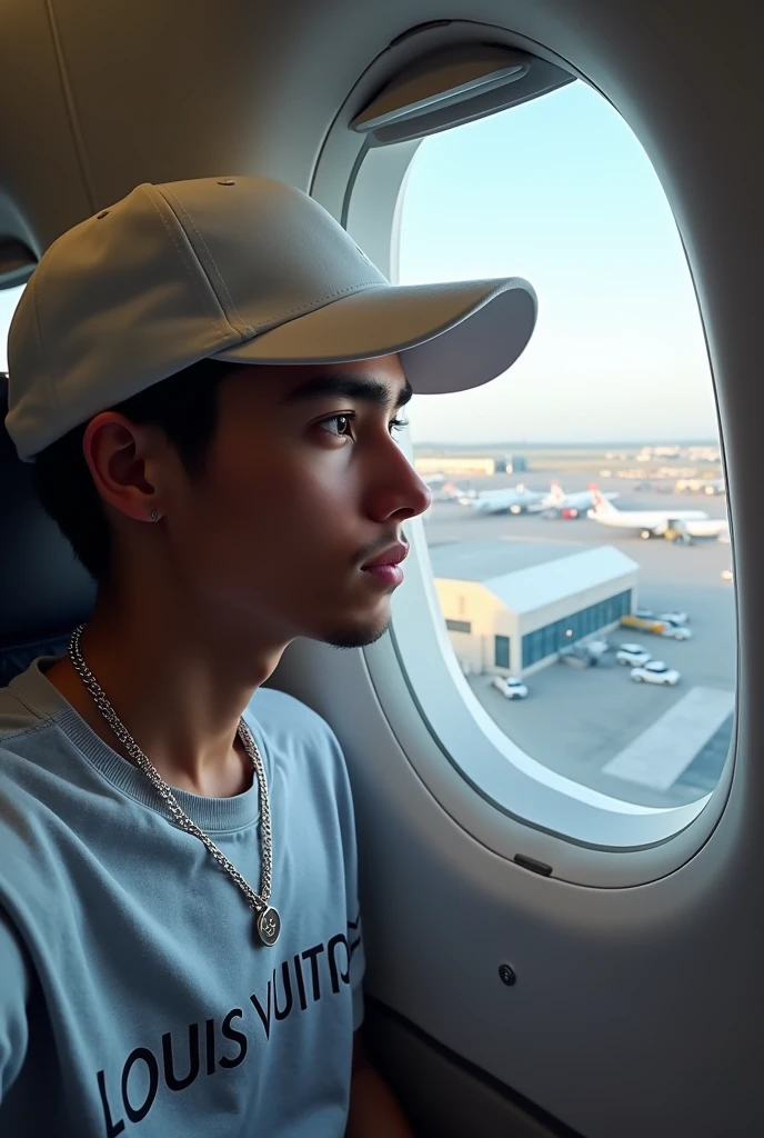 Create a realistic selfie of a young man looking out the window, with white cap, small silver chain, Louis Vuitton grey shirt, the brand with melted effect. The background is a window of an airplane that is at an airport.. The young man is looking away from the camera with his face turned away.