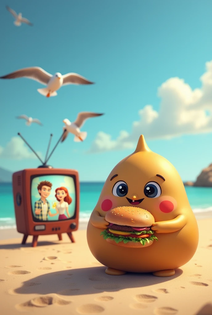 Put Pou on the beach eating a hamburger and in the background the television in a place where the Disney Channel series Jessie can be seen playing