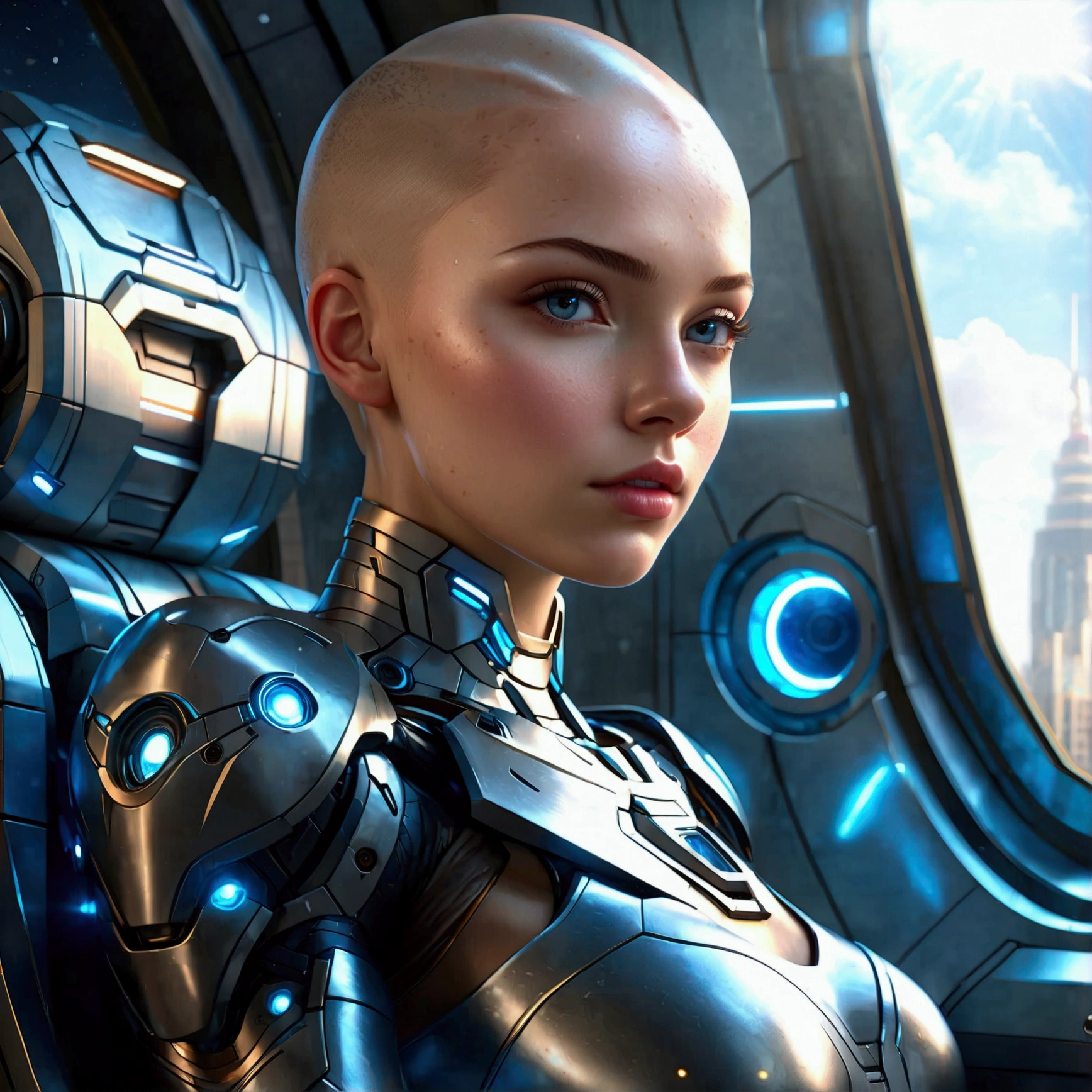 insane photorealism, unparalleled hot bald woman, pinterest woman, ultra realistic, skin texture, pores,ultra professional photorealistic, model, hyper realistic, RAW photoreal, photography, gorgeous, summer raine, face close up, in focus blond young sexy woman with short hair and hot clothes sits on a seat in a spaceship and the window can show beautiful staras, ultra high definition, sky, clouds, spear weapon, glowing, state-of-the-art robot, building, glowing eyes, state-of-the-art mech, science fiction, city, real, blue main mech, core on chest,like Poseidon,dressed, (photo realistic:1.4), (hyper realistic:1.4), (realistic:1.3),, (smoother lighting:1.05), (increase cinematic lighting quality:0.9), 32K,, 1girl,20yo girl, realistic lighting, backlighting, light on face, ray trace, (brightening light:1.2), (Increase quality:1.4),, (best quality real texture skin:1.4), finely detailed eyes, finely detailed face, finely quality eyes,, (tired and sleepy and satisfied:0.0), face closeup, t-shirts,, (Increase body line mood:1.1), (Increase skin texture beauty:1.1), ultra high-quality, ultra high-details, ultra_high-resolution, ultra_high-definition, Dark-Moody background Soft-Bokeh-Effect High-End Deep-Focus Bokeh Ray-Tracing Sophisticated Ambiance flowering. reflection,transparent,varies,multi,etc. --v 6 --s 1000 --c 20 --q 500 --chaos 100