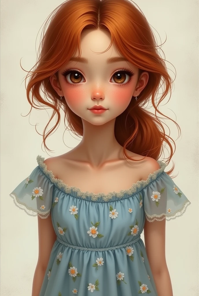 Girl about 10-11 years old with reddish hair, small nose, dark brown eyes (almost black), olive skin, with a blue floral dress