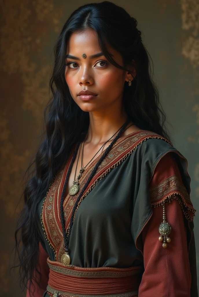 described as a strong and determined woman, representing a model of authority and conformity to traditional norms., but you can imagine that it has typical features of the region, with brown skin, dark eyes, and traditional clothing that covers most of their body