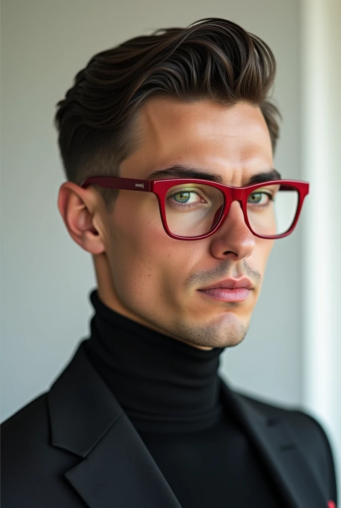 A HANDSOME MAN WITH SHORT HAIR,WEARING RED GLASSES