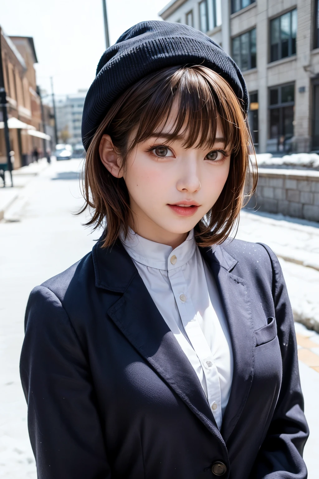 (masterpiece, Highest quality),One Girl, solo, Black-haired, scarf, hat, Realistic, Realistic, Looking at the audience, Light-coloured black eyes, Short brunette bob hair, Brown coat, Winter clothes, White headscarf, Lips, Bans, Plein Air, Mouth closed, Upper body、Big eyes、Eyelashes、((Beautiful landscape with sparkling snow))、(((Short bob hair with bangs、Shiny Hair、Big eyes、large full chest、Intensely accentuates the eyes、Staring at the audience、Beautiful beauty、Listen carefully、Long neck、Smile a little、Please close your mouth and laugh、Ideal body proportions)))、{huge|big|hugeな|Mega} chest, chestの谷間