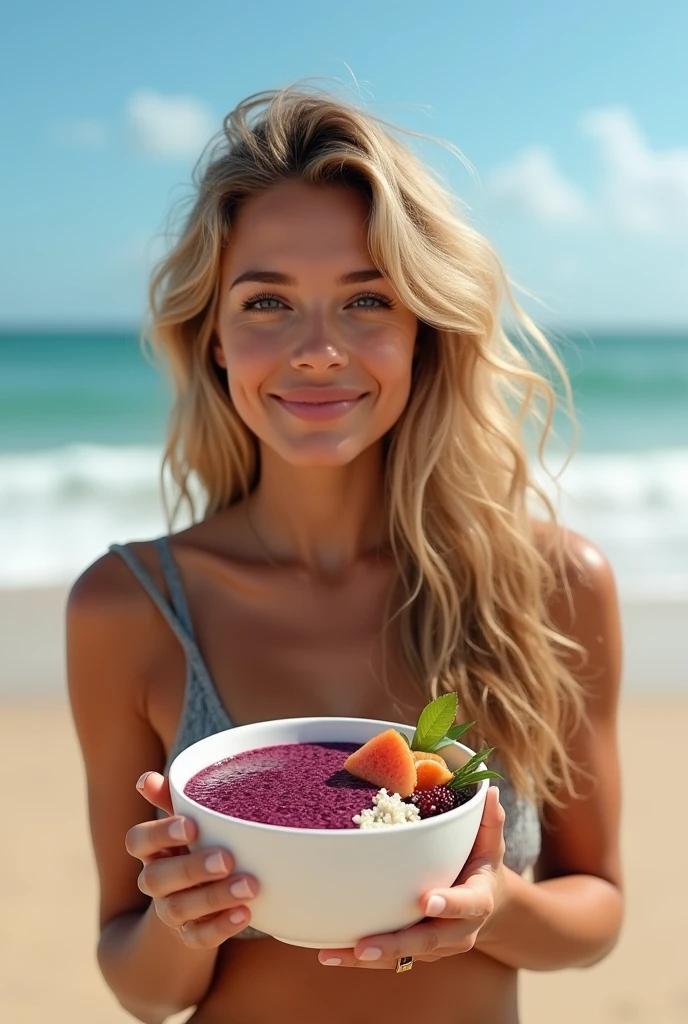 Woman aged 25 to 35, On the beach blonde hair brown eyes eating acai , ultra HD, high qualiy, best qualityer, high resolution, 8k, 16K