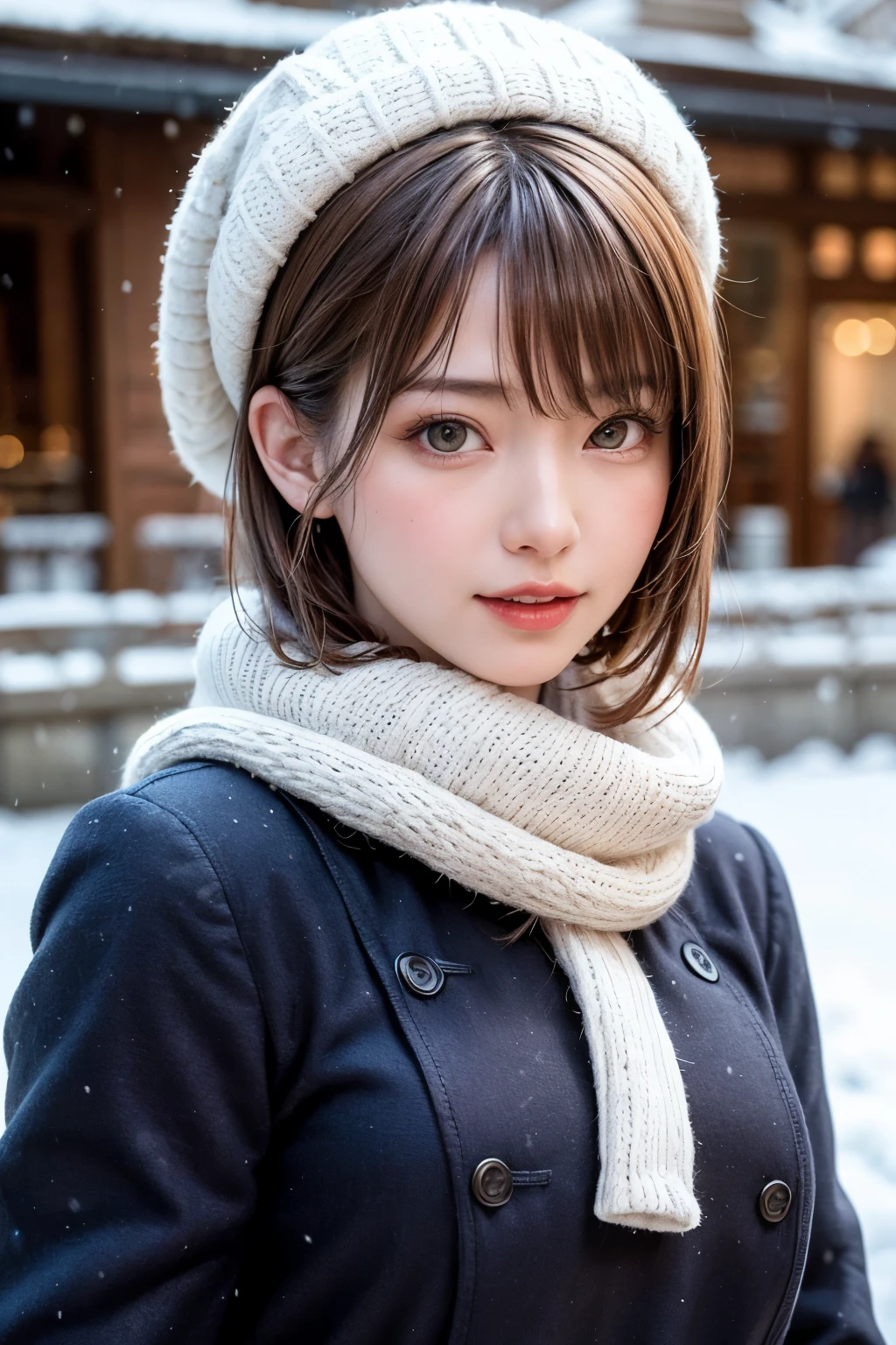(masterpiece, Highest quality),One Girl, solo, Black-haired, scarf, hat, Realistic, Realistic, Looking at the audience, Light-coloured black eyes, Short brunette bob hair, Brown coat, Winter clothes, White headscarf, Lips, Bans, Plein Air, Mouth closed, Upper body、Big eyes、Eyelashes、((Beautiful landscape with sparkling snow))、(((Short bob hair with bangs、Shiny Hair、Big eyes、large full chest、Intensely accentuates the eyes、Staring at the audience、Beautiful beauty、Listen carefully、Long neck、Smile a little、Please close your mouth and laugh、Ideal body proportions)))、{huge|big|hugeな|Mega} chest, chestの谷間