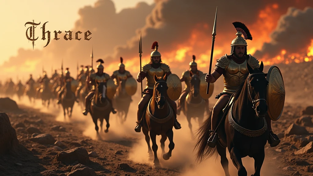 ( photographie ; ultra-réaliste ; ultra-détailé ) Armée de thrace dans la grèce antique portant des armures dorées reflétant la lumière, des tissus noirs, munie de leurs lances d'argents et leurs bouclier dorés, ils chargent vers les ennemies à pied ou à cheval, sur un champ de bataille apocalyptique dévasté, jonché de cadavres. En arrière plan on aperçoit la ville de Troies en feu. Il est écrit "Thrace" dans le ciel en lettre gothique