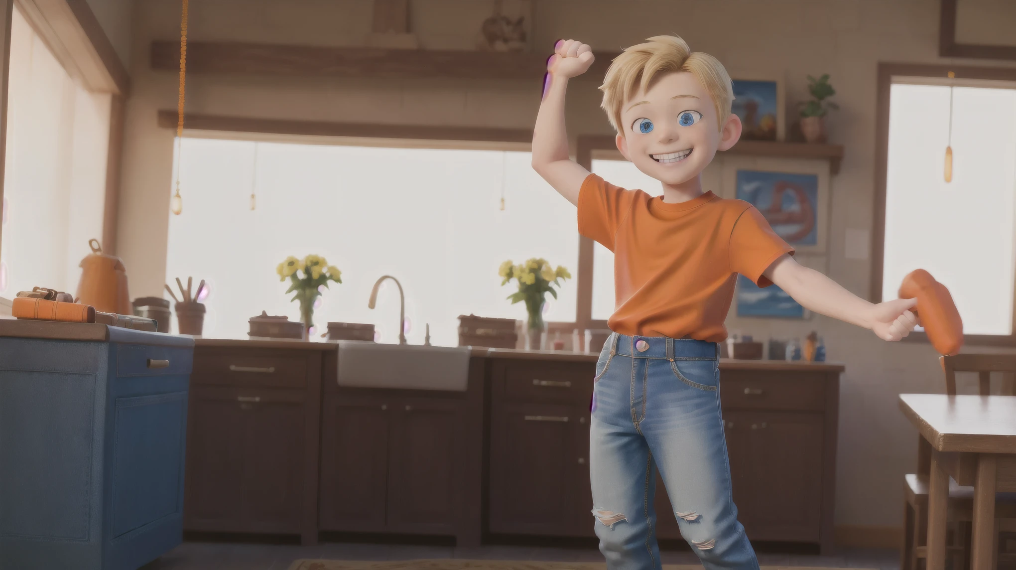 there is an -yeld bon an orange shirt with no details and blue jeans, Photo in the best quality, arms doing the action of "jewerly" ou "Beauthfull", Grinning, medium blonde hair.