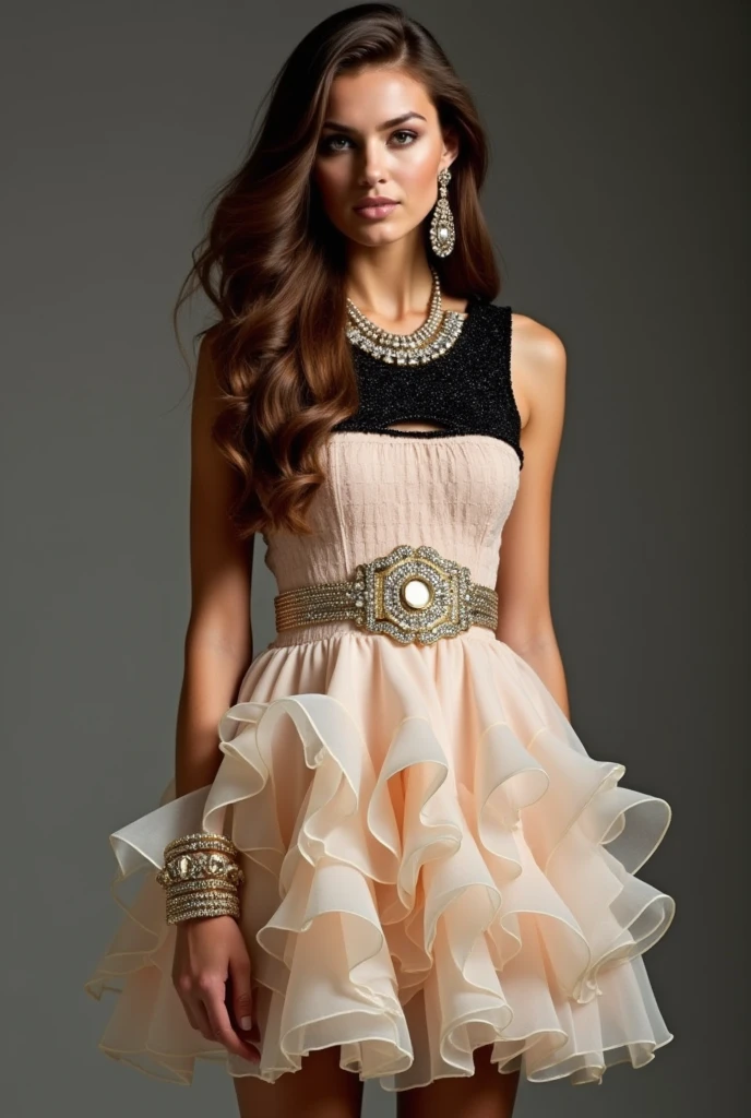 Short dress with ruffles at the bottom and a black cut at the top with gold rhinestone accessories