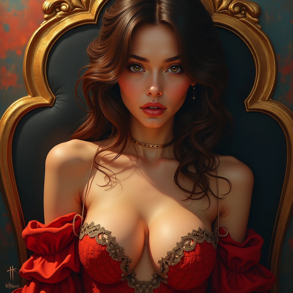 A beautiful ultra hot European, 23 years. She is a playmate and men&#39;s magazine model... Alone, ombre hair, sensual look, artist painter, medium shot, ( [[samsardoet style|SamdoesArt Style]:0.9), oil painting, [hanging chest] masterpiece, professional, high quality, beautiful, Amazing fantasy, fake images, can, by the wide, masterpiece, High resolution, 4k, detailed background, Colossal, (psychedelic:0.8), by Malevich, but Alexi Briclot,
