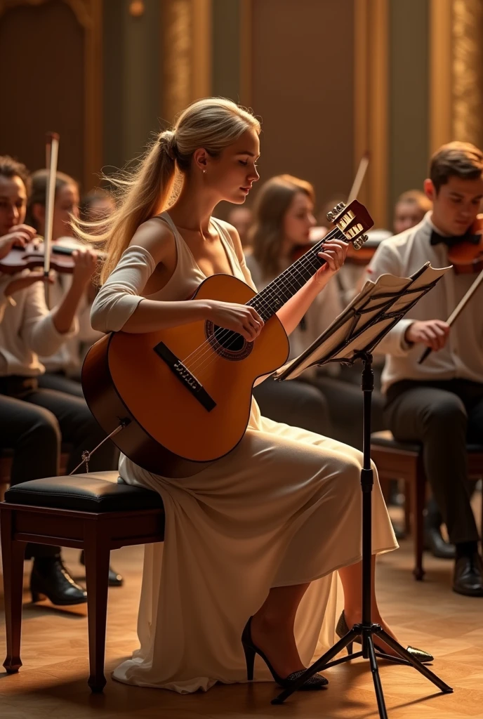 Classical guitar in musical concert beautiful woman , blonde hair tied with footrest on bench ,Lighting , PICTURE REALISTIC